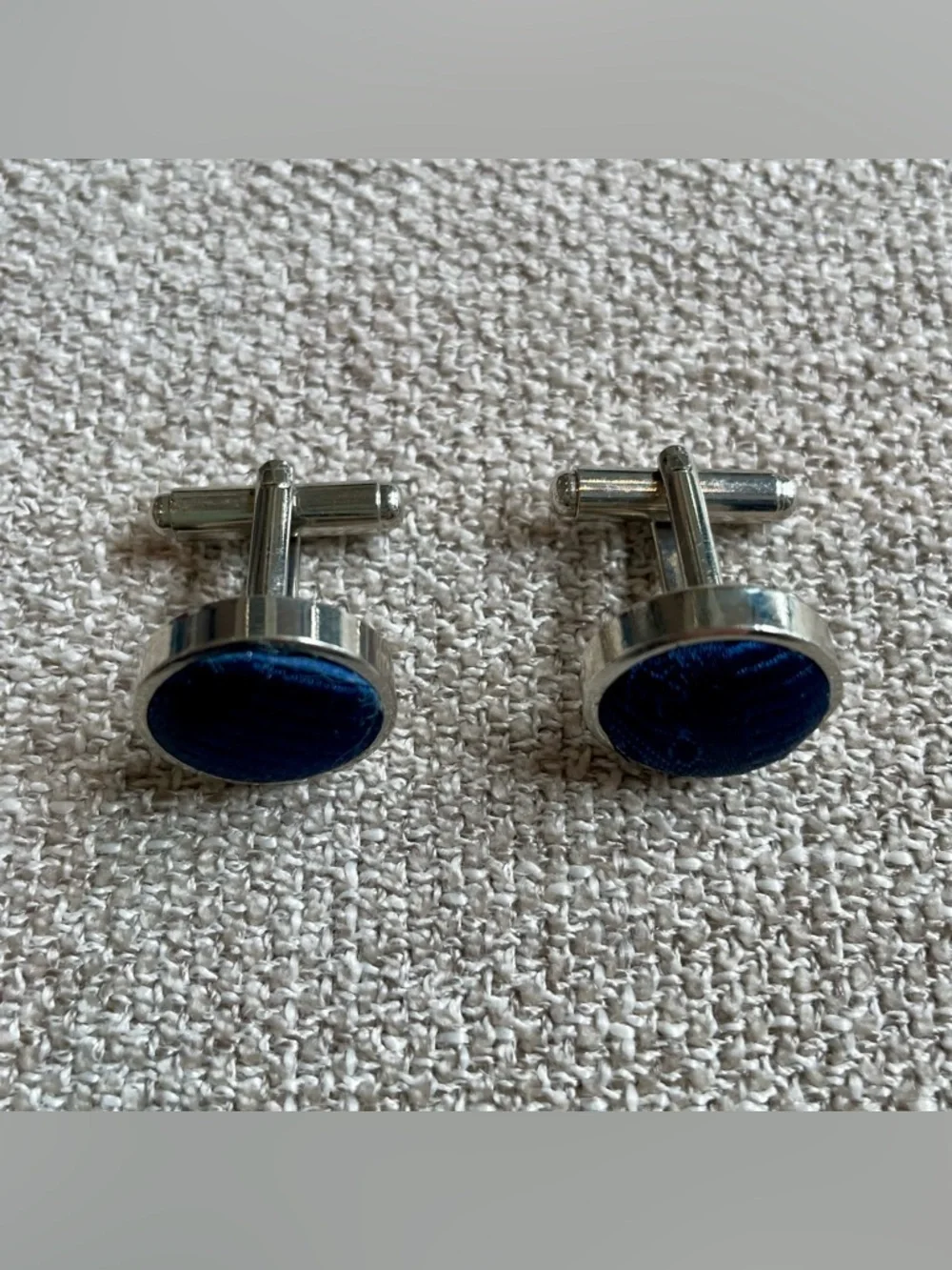 Silvertone Navy Blue Fabric Round Cuff Links Men’s Professional Wedding Work